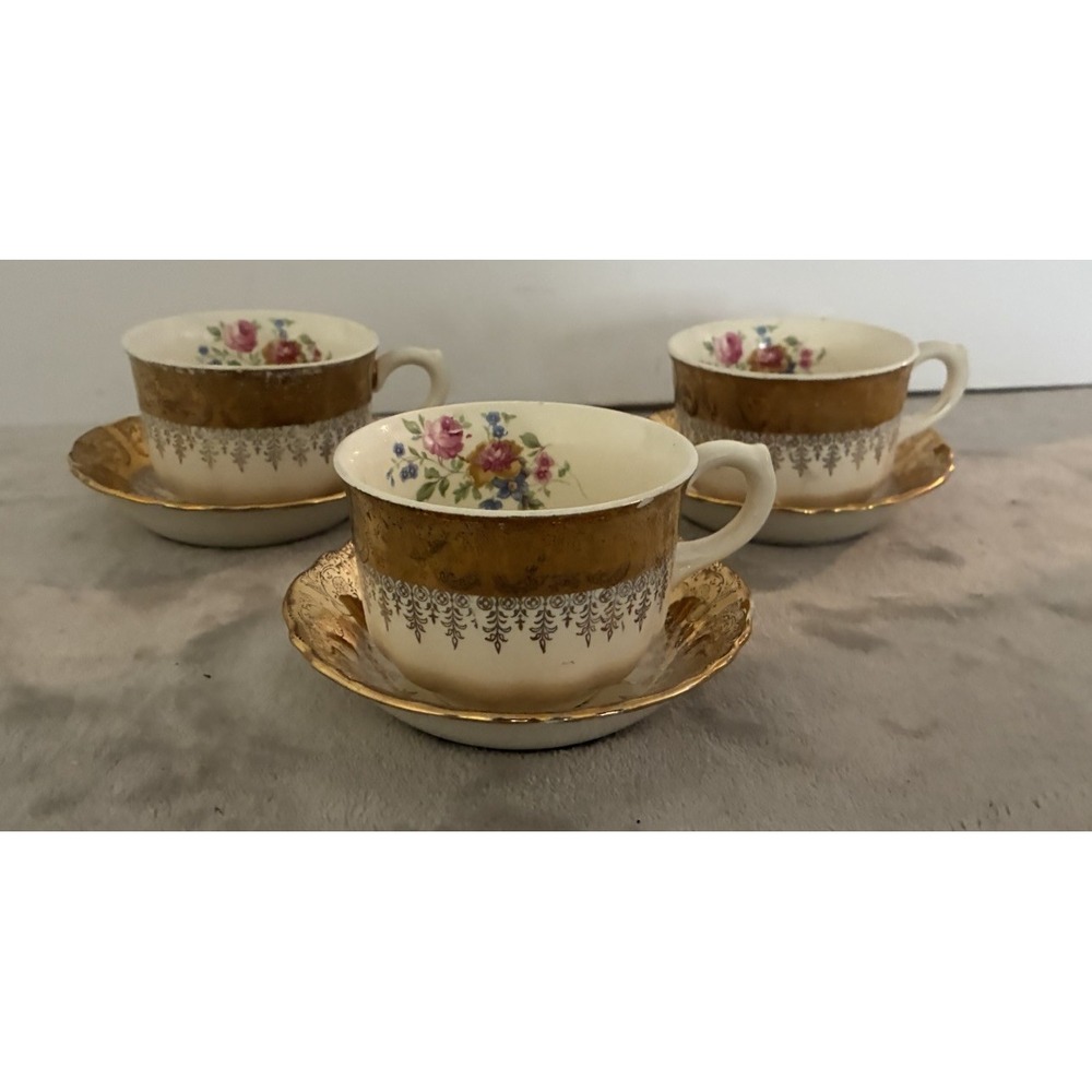 Vintage Vogue Gold Filigree Teacup White Floral 22k Gold Homer Laughlin Lot Of 3
